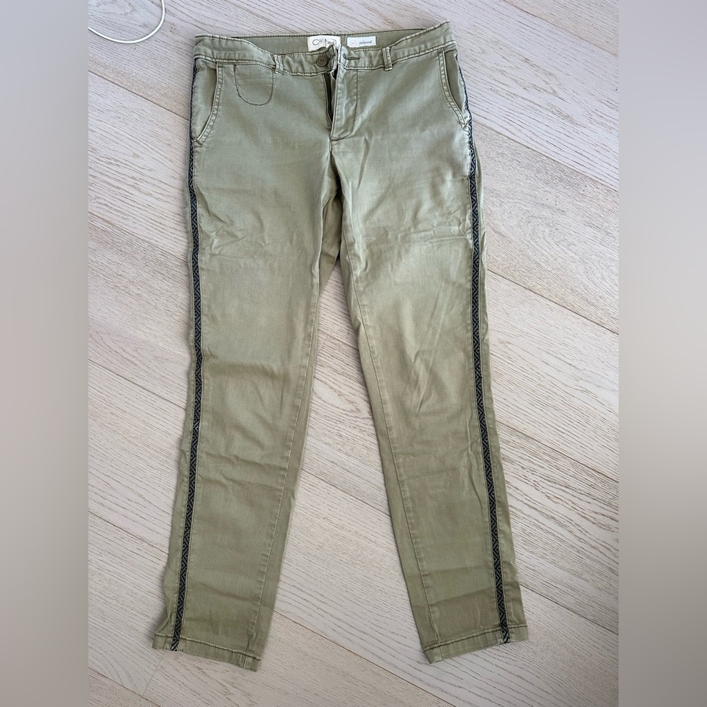 Anthropologie Olive Chino Pants with Tuxedo Stripe